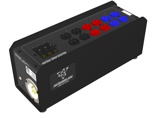 Motion Labs breakered stringer box with L21-30 inlet, 3 x 20A breakers and six color-coded black, red and blue Edison duplex outlets