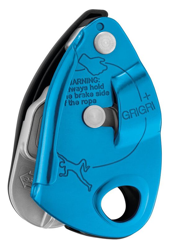 Petzl GRIGRI + belay device in blue, front view with anti-panic handle - imagen 5