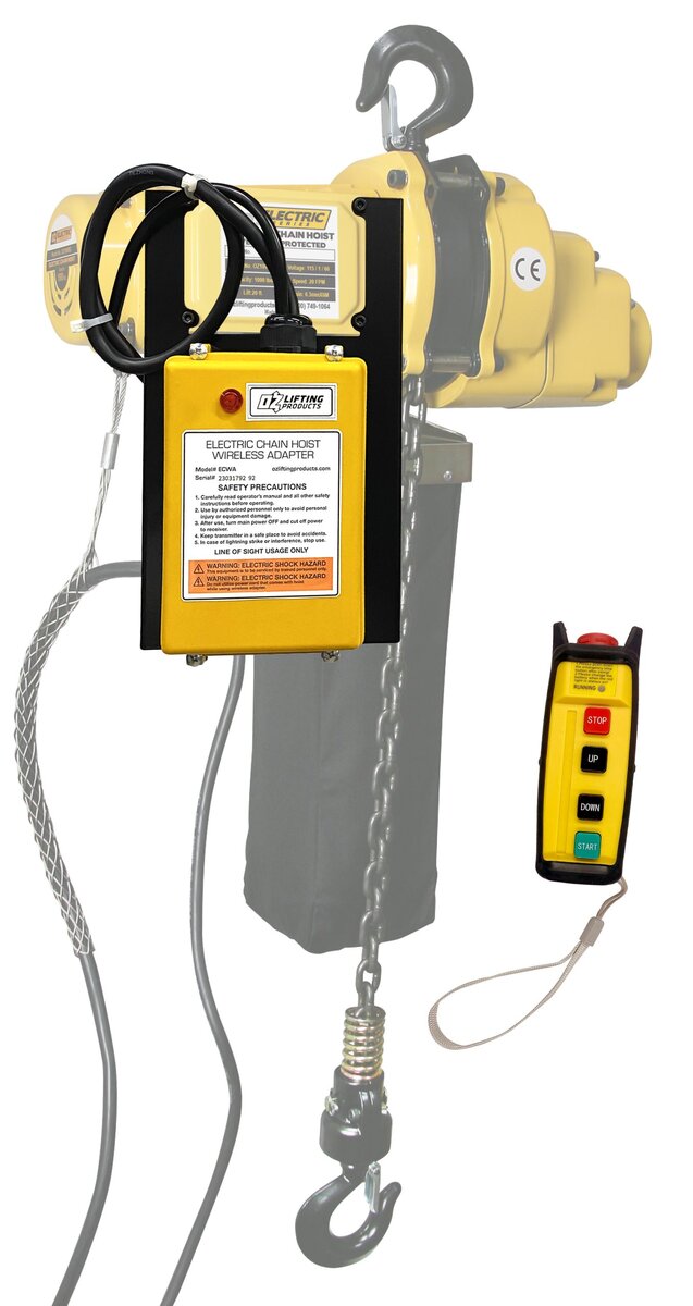 OZ Lifting Products wireless adapter mounted on a yellow electric chain hoist, shown alongside a handheld remote control with Stop, Up, Down, and Start buttons. - imagen 2