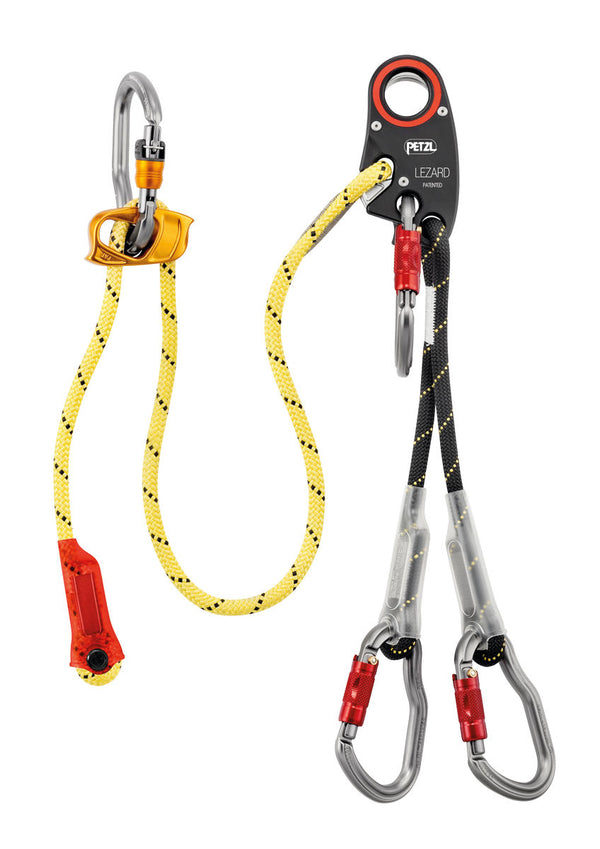 "Eslinga para helicóptero Petzl Lezard diseñada para descenso/recuperación en altitud, con un brazo ajustable para una expulsión rápida, elementos de fijación codificados por colores para un fácil manejo y cuerda kernmantel de baja elasticidad. Certificado para rescates seguros y operaciones en helicóptero.