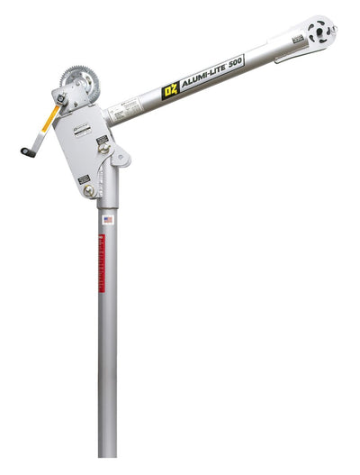 OZ Lifting Alumi-Lite portable aluminum davit crane with a manual hand winch, mounted on a pedestal base against a white background.