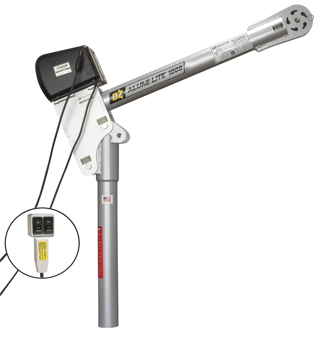 OZ Lifting Alumi-Lite aluminum OZA1000DAV-DCW davit crane equipped with a black electric powered winch and an inset showing the pendant control, on a white background. - imagen 9