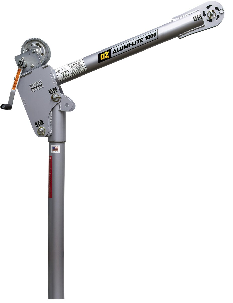 OZ Lifting Alumi-Lite aluminum OZA1000DAV-HND2 davit crane featuring a manual hand crank winch and cable system, side view on a white background. - imagen 10