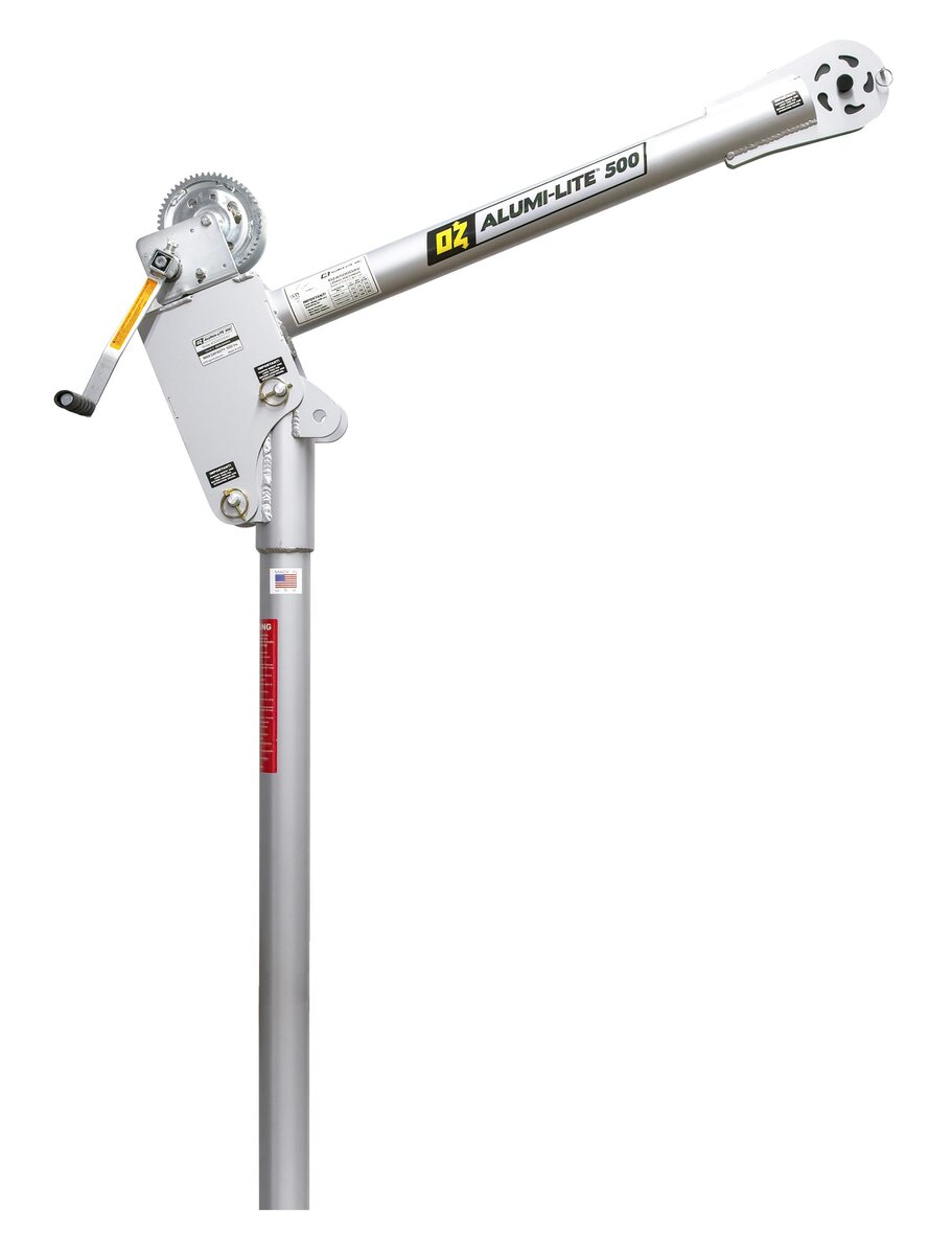 OZ Lifting Alumi-Lite aluminum OZA500DAV-HND2 davit crane featuring a manual hand crank winch and cable system, side view on a white background. - imagen 6