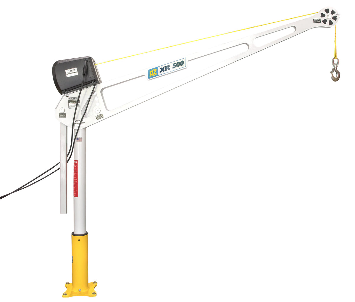 OZ Lifting XR Series davit crane configured with a black electric winch motor and cable assembly, mounted on a yellow pedestal base against a white background. - imagen 3