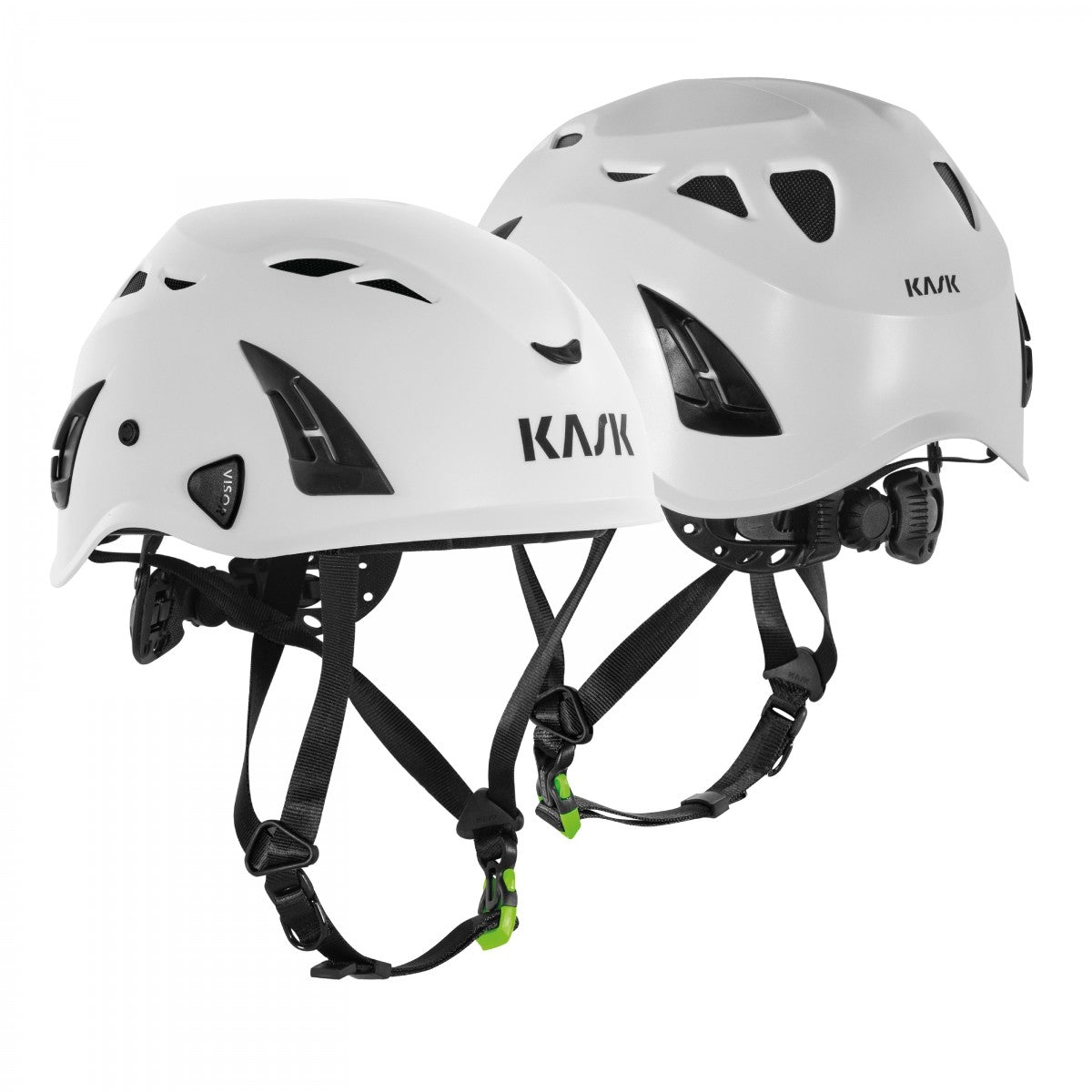 Two white helmets with black straps on a white background, featuring the Kask brand. - imagen 2