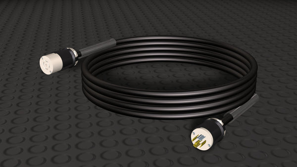 Motion Labs L21-30 Twistlock Cable coiled, with a female twistlock connector and a male plug
