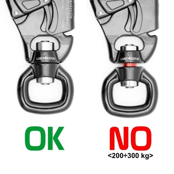 Kong Tango 360 Double Gate Connector Carabiner with Swivel– The Kong Tango 360 Connector combines Tango connector with a smooth, efficient swivel and an overload indicator. The overload indicator ensures safe use by activating when a load between 200 and 300kg is applied. The connector is directional to prevent twisting of ropes, lanyards and metal cables.The Double Gate safety system is easy to use and reduces the risk of accidental opening. The Keylock system prevents accidental snags while maneuvering. S - imagen 4