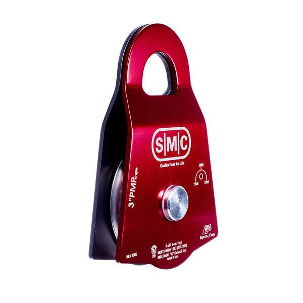 PMI SMC 3” Single Prusik Minding Pulley – NFPA– The SMC 3” Single Prusik Minding Pulley’s aluminum side plates allow for efficient operation of Prusik hitches as a belay or progress capture. 3" diameter sheave – Now available at MTN Shop US.