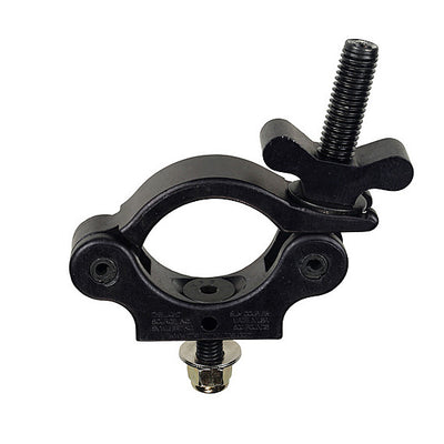 The Light Source Mega-Slim Coupler MSCB-CS — black low-profile lighting clamp front view showing clamp opening and flat head bolt for truss and pipe installations.