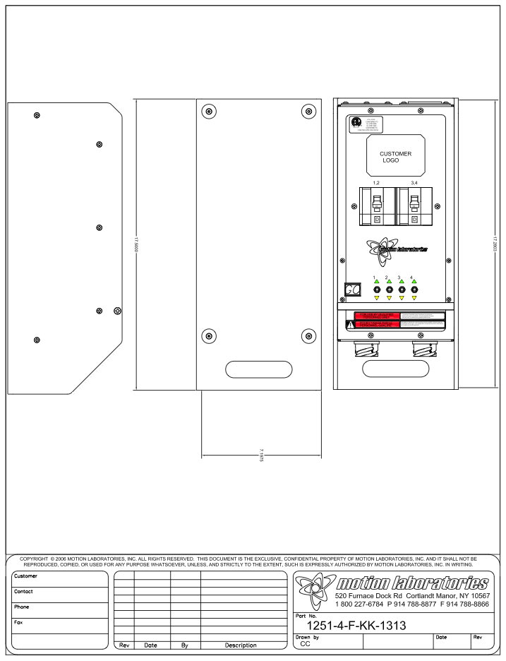 Motion Labs 4 channel chain hoist controller technical drawing with front and side dimension views of the low profile enclosure - imagen 2