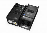 Motion Labs 4 channel chain hoist controller with local control, shown from both ends: L21-30 input and thru connectors and four hoist outputs