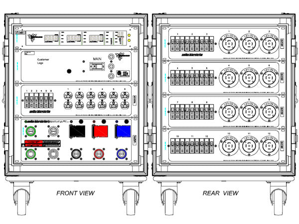 Motion Labs rolling rack PDU with front power meter, 5 wire cam input and thru, and breakered outputs in a shock-mounted ATA case - imagen 6