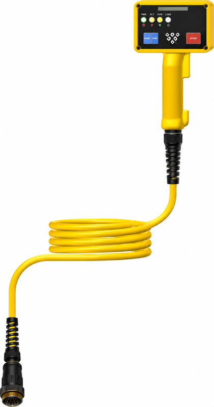 Motion Labs 4 channel yellow hand held chain hoist remote control, small frame with integrated handle and 10 ft tail
