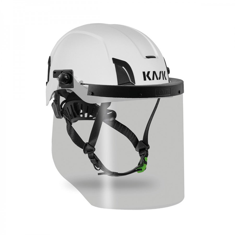 The KASK ARC VISOR ATPV10 arc flash visor shown seamlessly installed on a white KASK Zenith X2 safety helmet, providing full-face 10 cal/cm² thermal protection for electrical work. - imagen 2