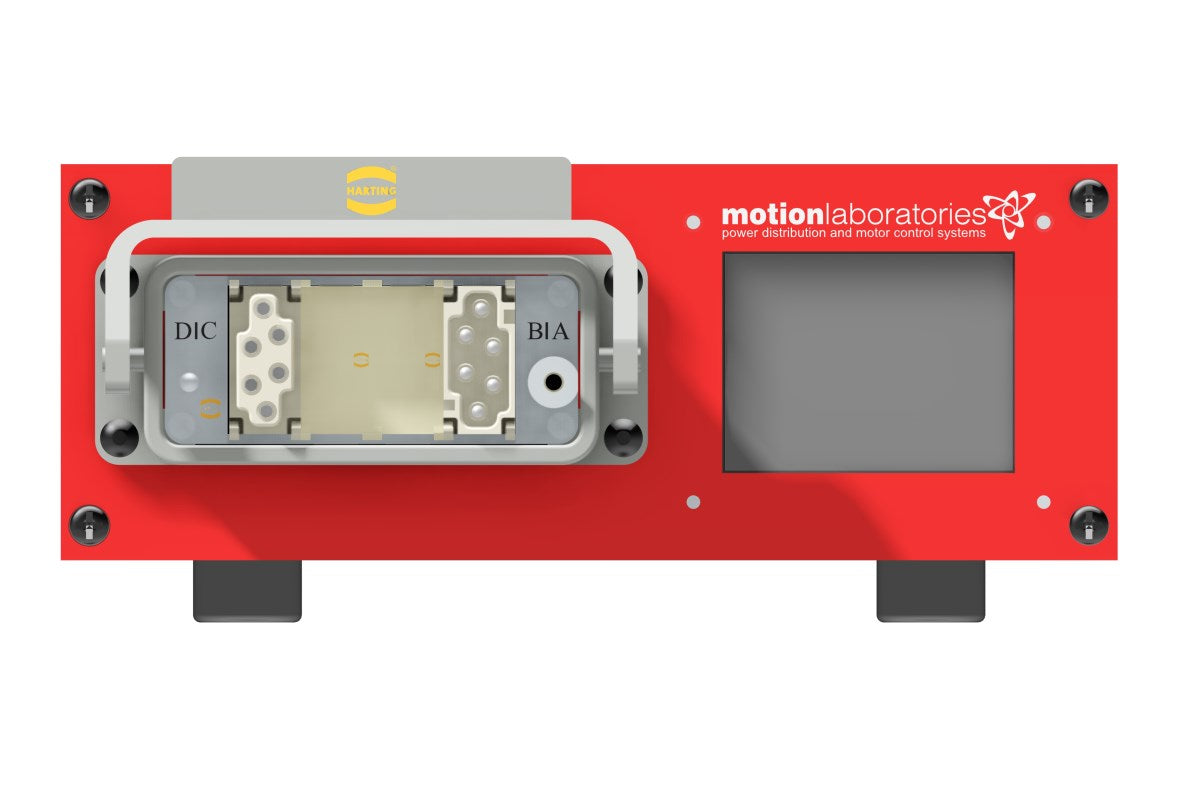 Motion Labs CT-101 feeder cable tester for NEMA and CS connections, featuring a red front panel, Harting connector, and touchscreen display. - imagen 8