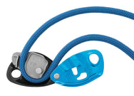 Blue Petzl GRIGRI belay device with blue rope threaded through, side view - imagen 3