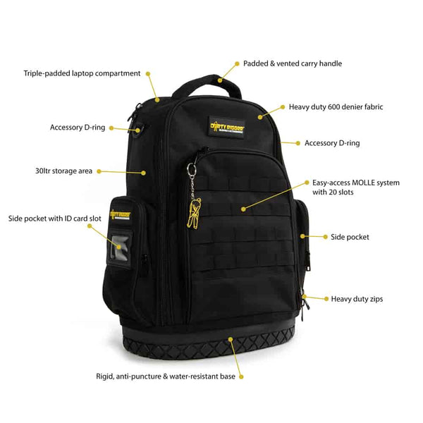 Dirty Rigger Technicians Backpack– The Dirty Rigger Gear Bag has 12 liters of space for tools, tablets, and more. This padded tool bag with shoulder strap is ideal for riggers, construction use, and more. – Now available at MTN Shop US.