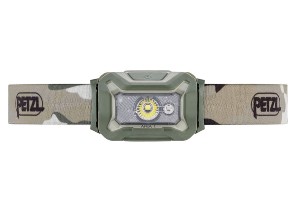 Compact Petzl Aria 1 RGB headlamp with multi-color lighting.
