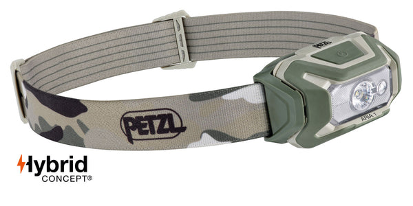 Petzl ARIA® 1 RGB compact headlamp with 350 lumens. Durable, waterproof, dustproof, and impact-resistant, featuring a uniform flood beam and red/green/blue lighting for night vision and stealth.