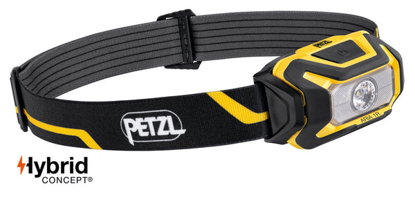 Petzl ARIA® 1R compact, rechargeable headlamp with 450 lumens. Durable, waterproof, dustproof, and impact-resistant, featuring a uniform flood beam for close-range work and Hybrid Concept battery compatibility.