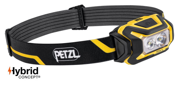 Petzl ARIA® 2 compact headlamp with 450 lumens, designed for tradespeople and maintenance professionals. Durable, waterproof, dustproof, and impact-resistant, with a wide, uniform beam and Hybrid Concept battery compatibility.