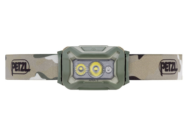Compact Petzl Aria 2 RGB headlamp with multiple lighting modes.
