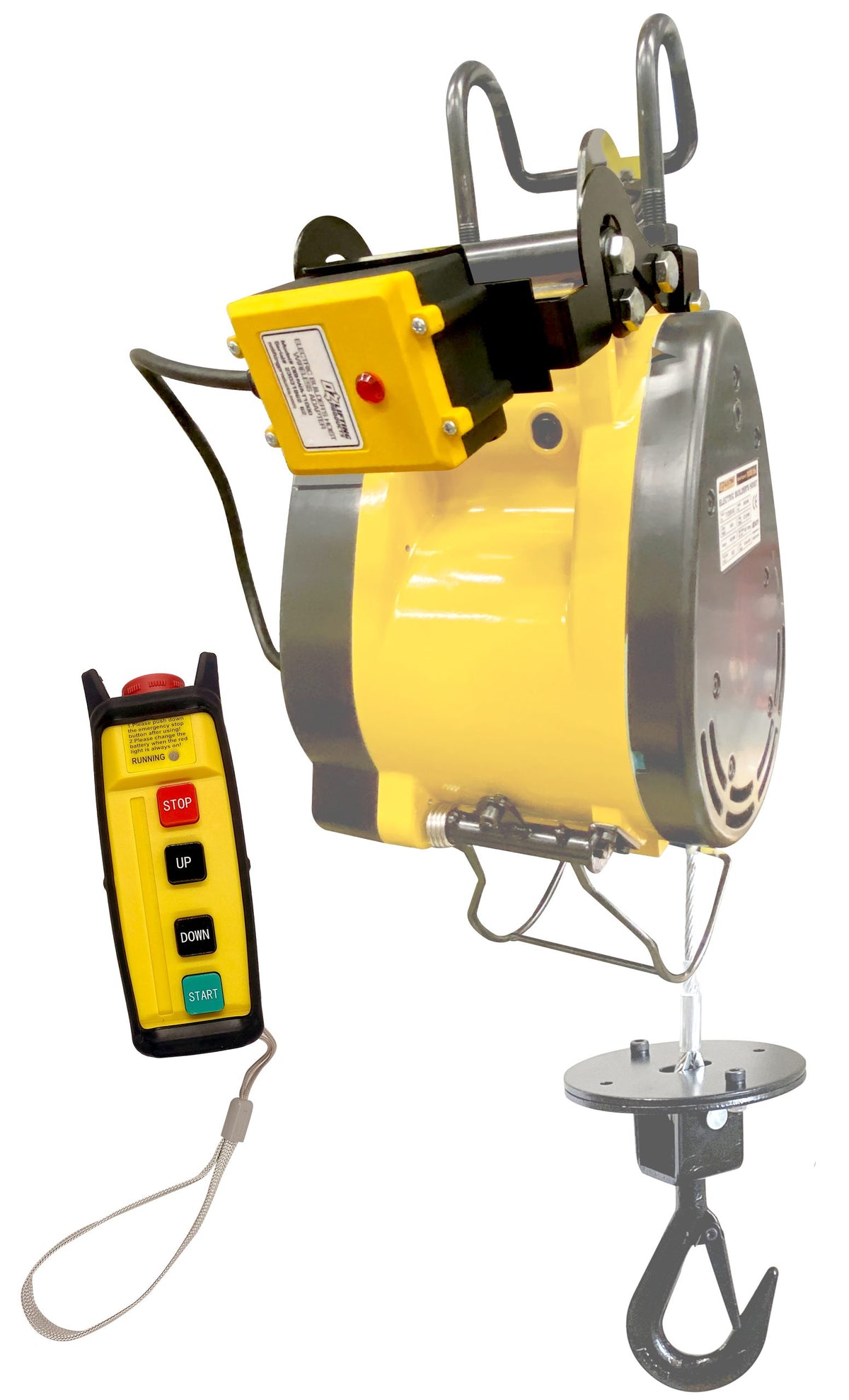 Side view of OZ Lifting OBH Electric Builder's Hoist with OBHWA-T wireless adapter and pendant remote mounted, isolated on white background - imagen 3