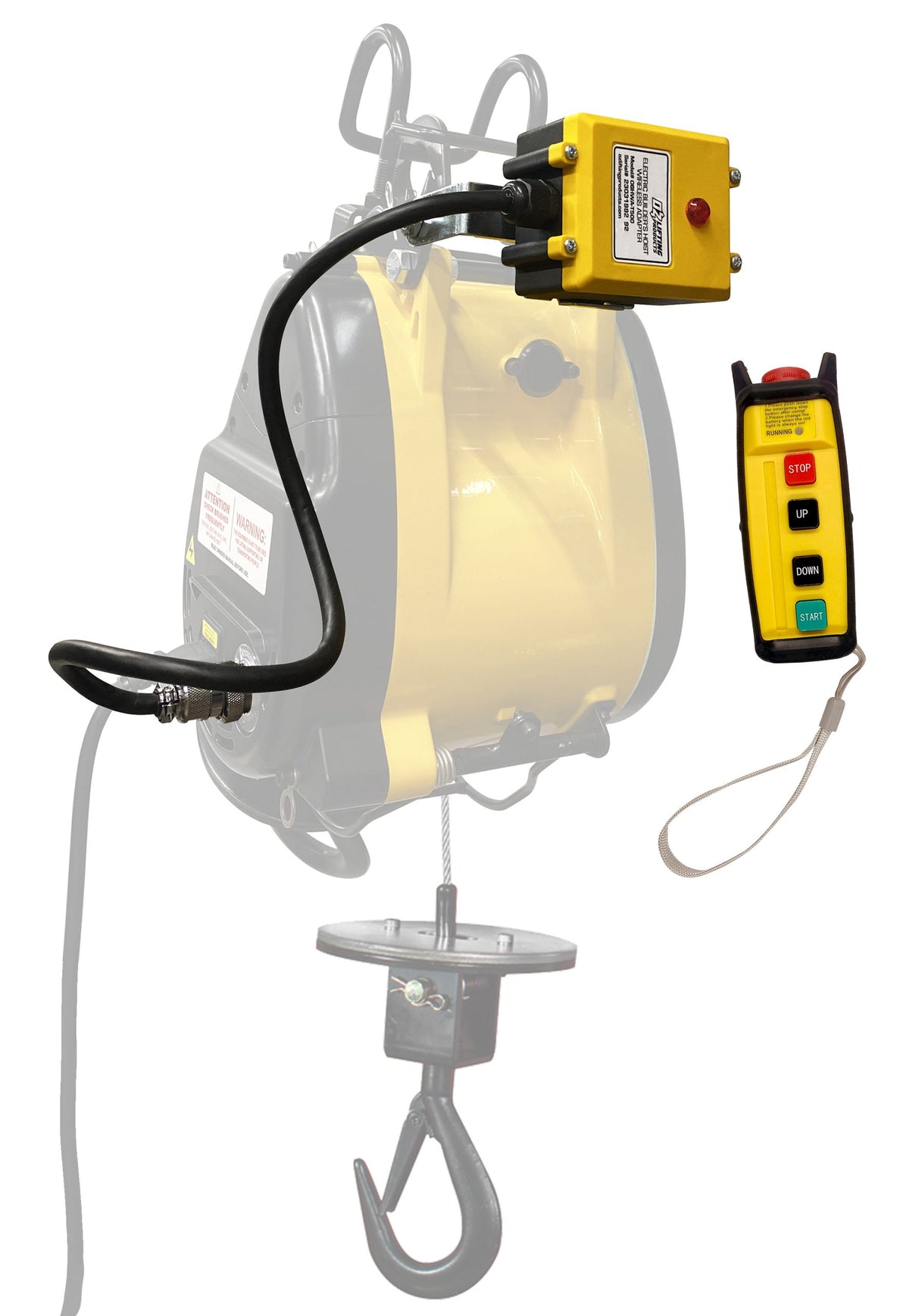 OZ Lifting OBH Electric Builder's Hoist with OBHWA-T wireless adapter attached, showing full hoist assembly with hook on white background - imagen 2