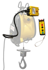 OZ Lifting OBH Electric Builder's Hoist with OBHWA-T wireless adapter attached, showing full hoist assembly with hook on white background - imagen 2