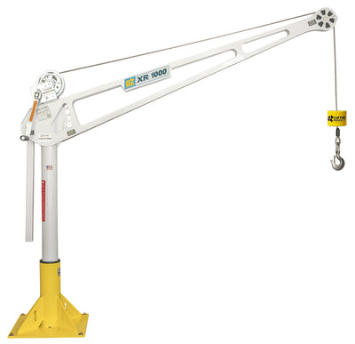 OZ Lifting XR 1000 Series davit crane with a manual hand winch and a long boom arm, mounted on a bright yellow pedestal base with a hook and counterweight hanging, isolated on a white background.