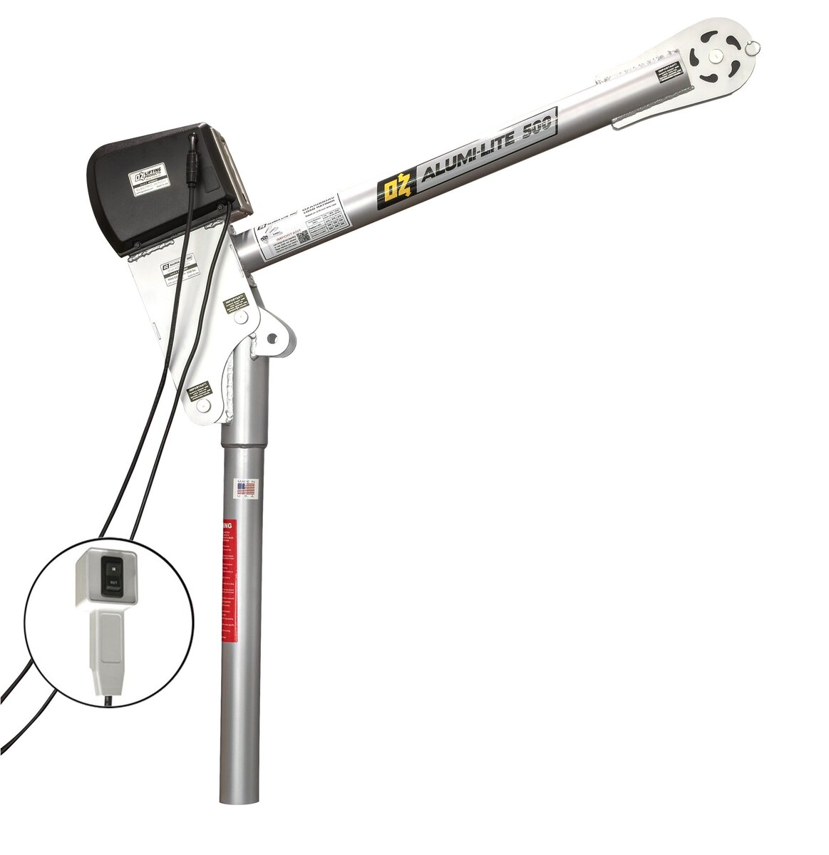 OZ Lifting Alumi-Lite aluminum OZA500DAV-ACW davit crane equipped with a black electric powered winch and an inset showing the pendant control, on a white background. - imagen 4