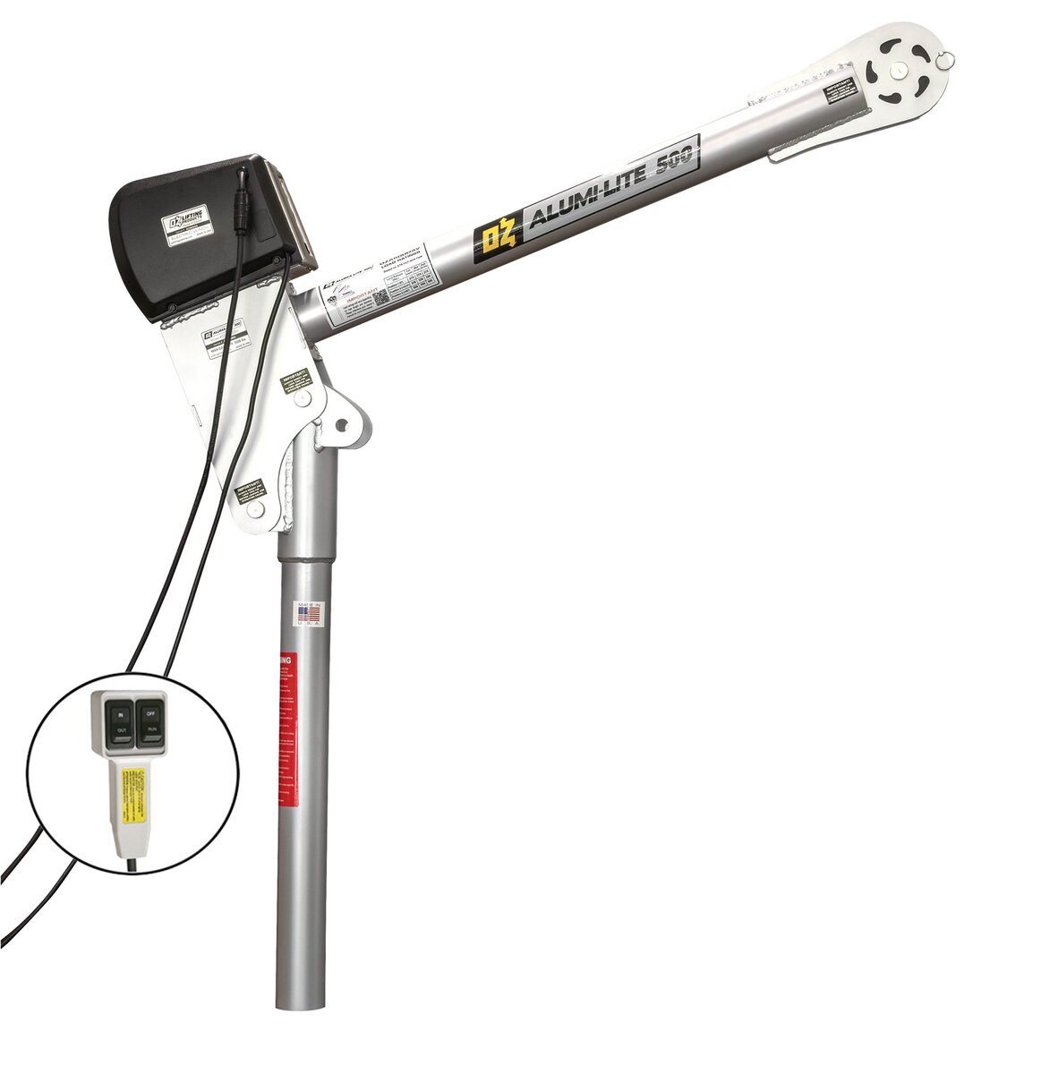OZ Lifting Alumi-Lite aluminum OZA500DAV-DCW davit crane equipped with a black electric powered winch and an inset showing the pendant control, on a white background. - imagen 5
