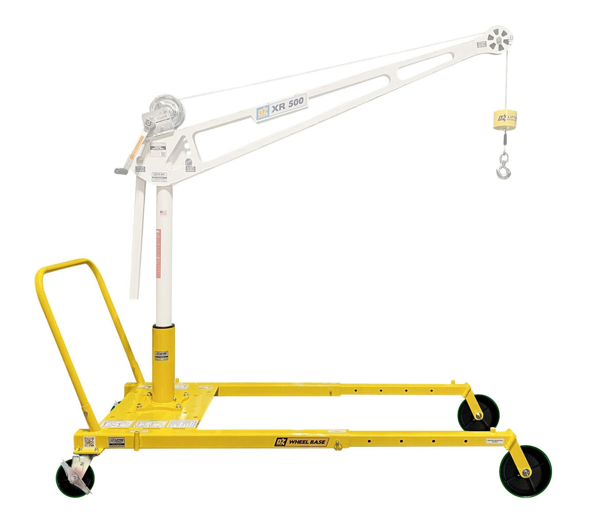 White OZ Lifting Products XR 500 Davit Crane featuring a pedestal-style mount on a yellow adjustable mobile wheel base, isolated on a white background. - imagen 5