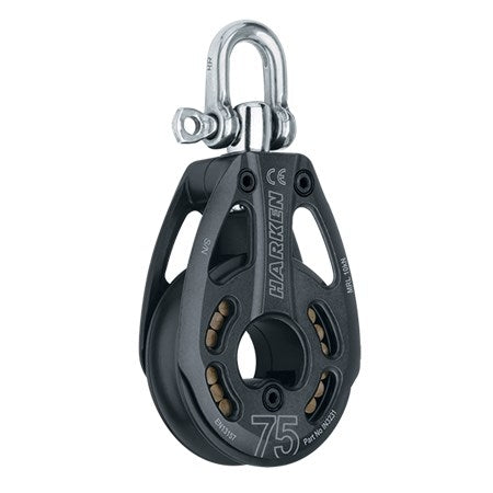 Harken 75mm Black Magic Single Pulley - Swivel– Black Magic Air pulleys excel in managing high dynamic and static loads, particularly in scenarios with friction challenges, thanks to their remarkable strength-to-weight ratios and free-rolling, high-load roller bearings. The versatile pulley shackle offers dual-direction locking or swiveling to prevent rope twisting. – Now available at MTN Shop US.