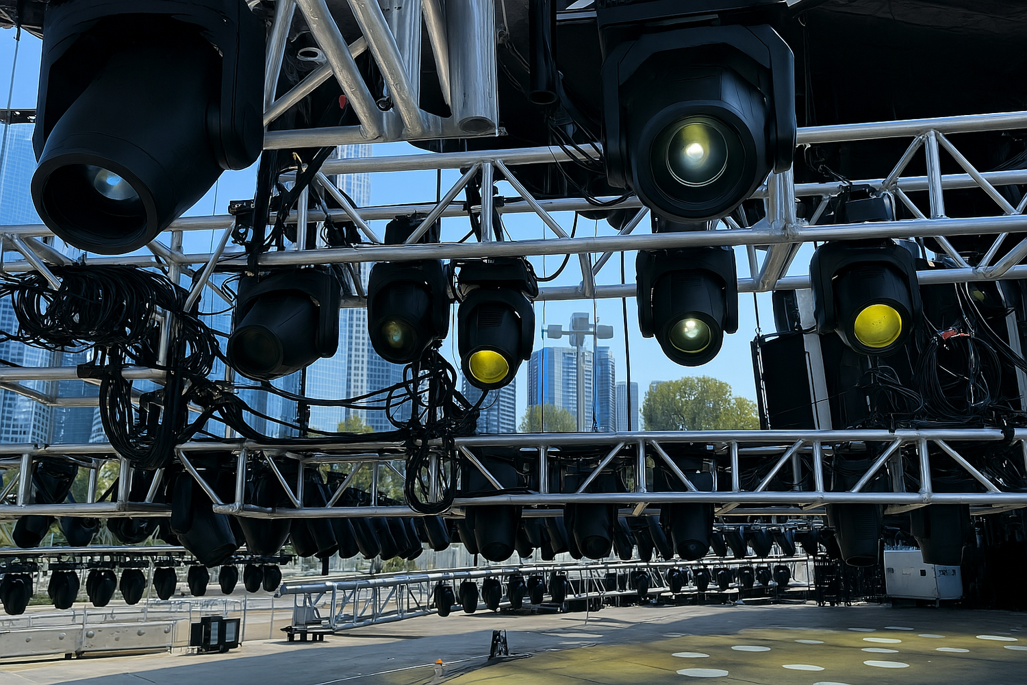 Zoomed view of Tyler Truss Systems truss at a sunny outdoor live event – Shop MTNShop US