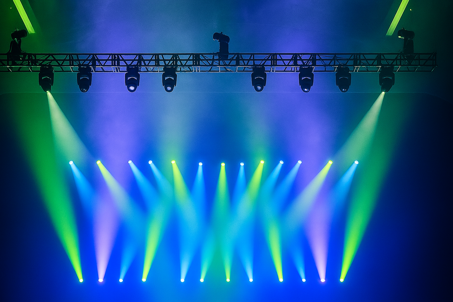 Tyler Truss Systems TMAX truss in concert setup with green and blue lighting – Available through MTNShop US