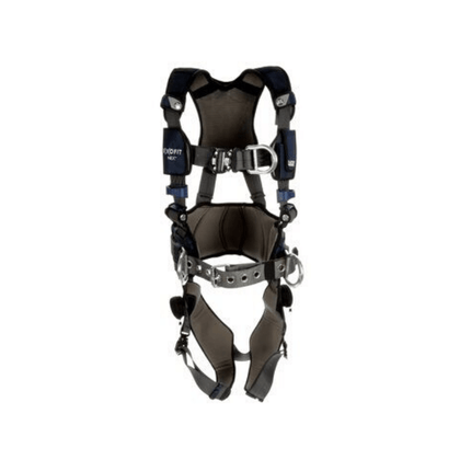 Arnés de escalada/posicionamiento de estilo de construcción cómodo 3M™ DBI-SALA® ExoFit NEX™ Plus: vista frontal con conexiones rápidas para el pecho y las piernas, anillo en D frontal y cinturón corporal/almohadilla para cadera con anillos en D laterales
