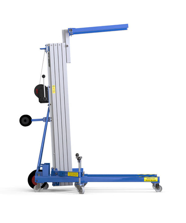 Kuzar Industrial Lifter 300kg/5.2m with 100kg Counter Weight & Basket - HAMMER 56CW– Kuzar lifter 300KG- a robust industrial stacker with Counter Weight basket and 100kg of weight included. Made in Spain, the HAMMER 56CW Lifter has been designed for vertically lifting loads, and horizontal movements with the load lifted at minimum height. This lightweight stacker with an impressive 300kg capacity has high-quality wheels for easy movement and a powerful winch for efficient lifting whilst remaining compact an