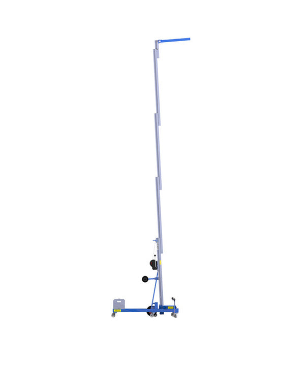 Kuzar Industrial Lifter 300kg/5.2m with 100kg Counter Weight & Basket - HAMMER 56CW– Kuzar lifter 300KG- a robust industrial stacker with Counter Weight basket and 100kg of weight included. Made in Spain, the HAMMER 56CW Lifter has been designed for vertically lifting loads, and horizontal movements with the load lifted at minimum height. This lightweight stacker with an impressive 300kg capacity has high-quality wheels for easy movement and a powerful winch for efficient lifting whilst remaining compact an