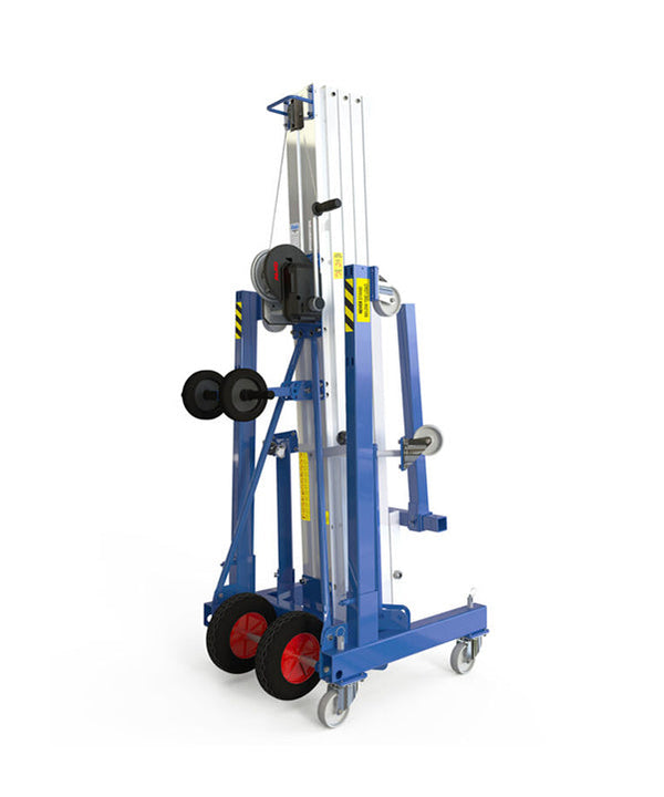 Kuzar Industrial Lifter 300kg/5.2m with 100kg Counter Weight & Basket - HAMMER 56CW– Kuzar lifter 300KG- a robust industrial stacker with Counter Weight basket and 100kg of weight included. Made in Spain, the HAMMER 56CW Lifter has been designed for vertically lifting loads, and horizontal movements with the load lifted at minimum height. This lightweight stacker with an impressive 300kg capacity has high-quality wheels for easy movement and a powerful winch for efficient lifting whilst remaining compact an