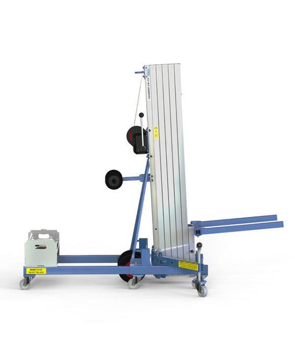 Kuzar Industrial Lifter 300kg/7.3m with 100kg Counter Weight & Basket - HAMMER 73CW– Kuzar lifter 300KG- a robust industrial stacker with Counter Weight basket and 100kg of weight included. Made in Spain, the HAMMER 73CW Lifter has been designed for vertically lifting loads, and horizontal movements with the load lifted at minimum height. This stacker with an impressive 300kg capacity has high-quality wheels for easy movement and a powerful winch for efficient lifting whilst remaining compact and agile. Com