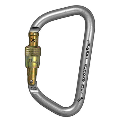 Rock Exotica rockSteel Screw-Lock Carabiner– The rockSteel Screwlock offers impressive strength to weight ratio, a large gate opening and precise handling characteristics due to CNC machined surfaces. – Now available at MTN Shop US.