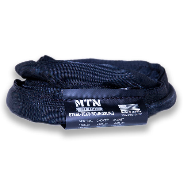 MTN Round Slings Black Steel-Tex– MTN Slings are designed to match theatrical settings and safely perform during all of your lifting applications. For sale in 2', 3', 4', 6', 8' 9', 12' lengths. Best round slings for rigging, lightweight, OSHA certified, black theatrical color. – Now available at MTN Shop US.