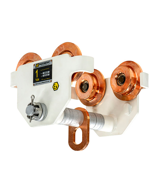 OZ Lifting Spark Resistant Push Beam Trolleys– The Oz Lifting spark resistant push beam trolley is designed for safe use in potentially explosive atmospheres. When working in explosive zones there are extremely strict guidelines and requirements for the equipment you use. OZ Lifting Products’ Spark Resistant Push Beam Trolleys are manufactured in compliance with the EU’s explosion-proof standard ATEX94/9/EC and the Machinery Directive 2006/42/EC. The explosion-proof level can reach: EX II2 GD c IIIC T135°C.