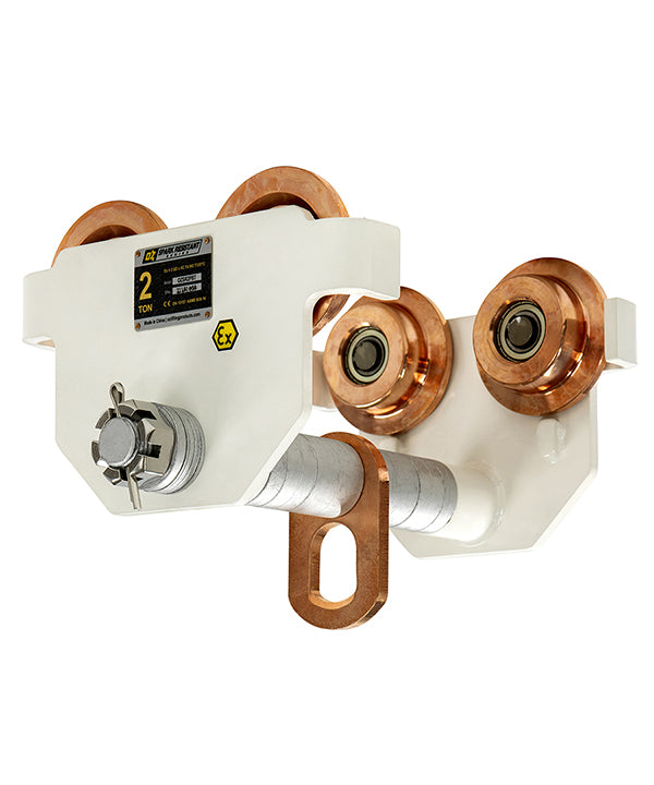 OZ Lifting Spark Resistant Push Beam Trolleys– The Oz Lifting spark resistant push beam trolley is designed for safe use in potentially explosive atmospheres. When working in explosive zones there are extremely strict guidelines and requirements for the equipment you use. OZ Lifting Products’ Spark Resistant Push Beam Trolleys are manufactured in compliance with the EU’s explosion-proof standard ATEX94/9/EC and the Machinery Directive 2006/42/EC. The explosion-proof level can reach: EX II2 GD c IIIC T135°C.