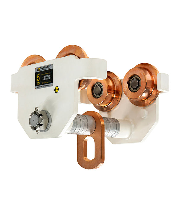 OZ Lifting Spark Resistant Push Beam Trolleys– The Oz Lifting spark resistant push beam trolley is designed for safe use in potentially explosive atmospheres. When working in explosive zones there are extremely strict guidelines and requirements for the equipment you use. OZ Lifting Products’ Spark Resistant Push Beam Trolleys are manufactured in compliance with the EU’s explosion-proof standard ATEX94/9/EC and the Machinery Directive 2006/42/EC. The explosion-proof level can reach: EX II2 GD c IIIC T135°C.