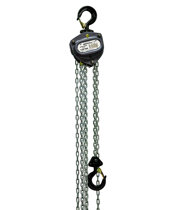 OZ Lifting Industrial Chain Hoist– The Oz Lifting industrial chain hoist is an all-steel chain hoist available in capacities of 0.25 ton, 0.5 ton, 1 ton, 2 ton, 3 ton and 5 ton. The hoist uses a 100% load tested grade 80 alloy chain and features fully enclosed gearing for protection against contaminants and debris. The hoist has load sheave bearings and a long lasting powder coated finish. The steel handle has a rubber grip for easy control and grip. The hoist also has forged alloy steel hooks to securely a