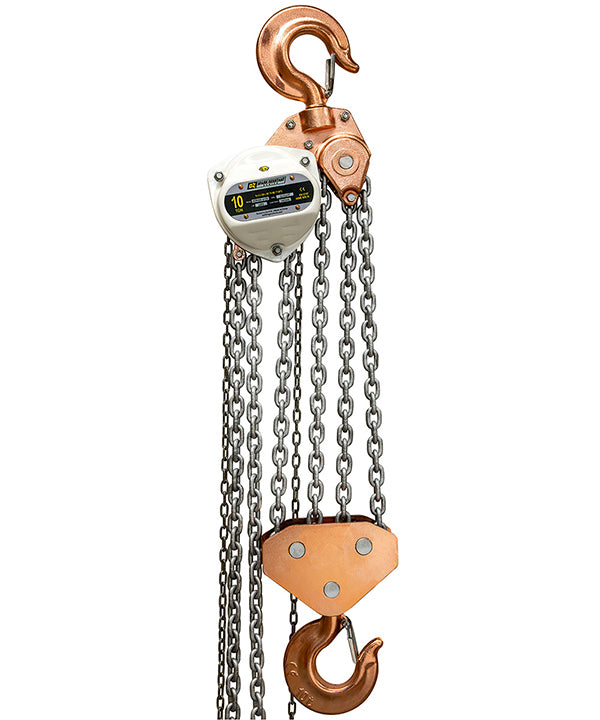 OZ Lifting Spark Resistant Chain Hoist– The Oz Lifting spark resistant chain hoist is designed for safe use in potentially explosive atmospheres. When working in explosive zones there are extremely strict guidelines and requirements for the equipment you use. These ceiling chain hoists are available in lifting capacities of 0.5 ton, 1 ton, 2 ton, 3 ton, 5 ton and 10 ton. The hoist has fully enclosed gearing to keep contaminants and debris away and ensure smooth and lasting operations. The hooks and safety l