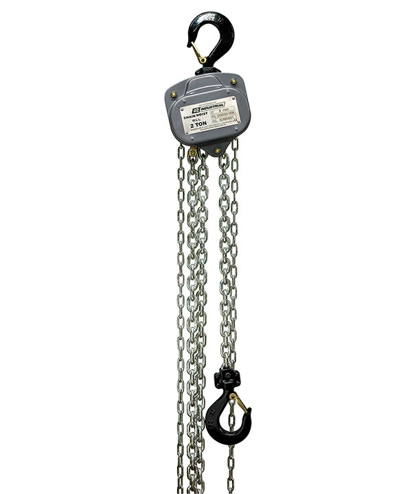 OZ Lifting Industrial Chain Hoist– The Oz Lifting industrial chain hoist is an all-steel chain hoist available in capacities of 0.25 ton, 0.5 ton, 1 ton, 2 ton, 3 ton and 5 ton. The hoist uses a 100% load tested grade 80 alloy chain and features fully enclosed gearing for protection against contaminants and debris. The hoist has load sheave bearings and a long lasting powder coated finish. The steel handle has a rubber grip for easy control and grip. The hoist also has forged alloy steel hooks to securely a
